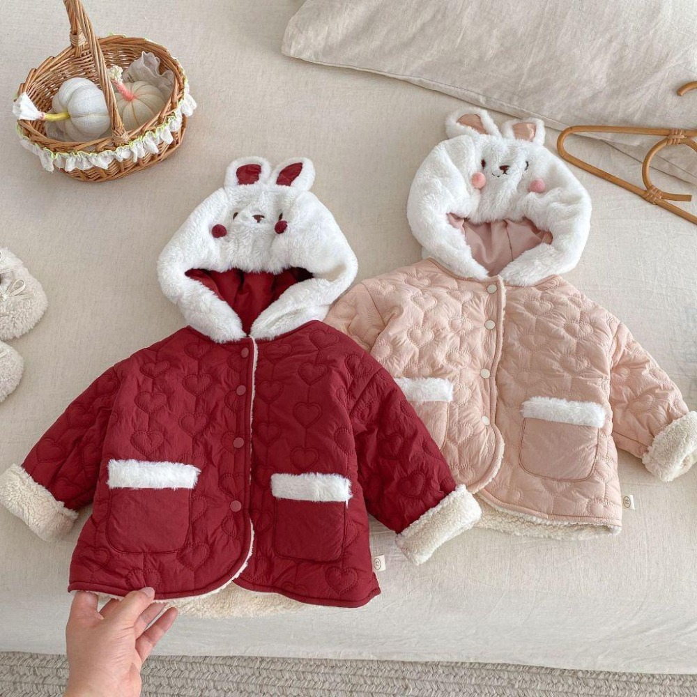 N025【預購】女童韓版兔耳朵加厚鋪棉造型連帽外套2色 紅/粉 (73~120)-細節圖2