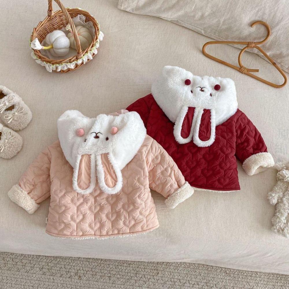 N025【預購】女童韓版兔耳朵加厚鋪棉造型連帽外套2色 紅/粉 (73~120)-細節圖3