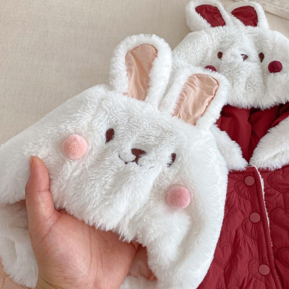 N025【預購】女童韓版兔耳朵加厚鋪棉造型連帽外套2色 紅/粉 (73~120)-細節圖4