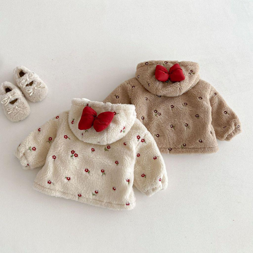 N019【預購】女童可愛蝴蝶結繡花毛毛外套 卡/米色 冬季保暖刷毛加厚外套 (73~120)-細節圖3