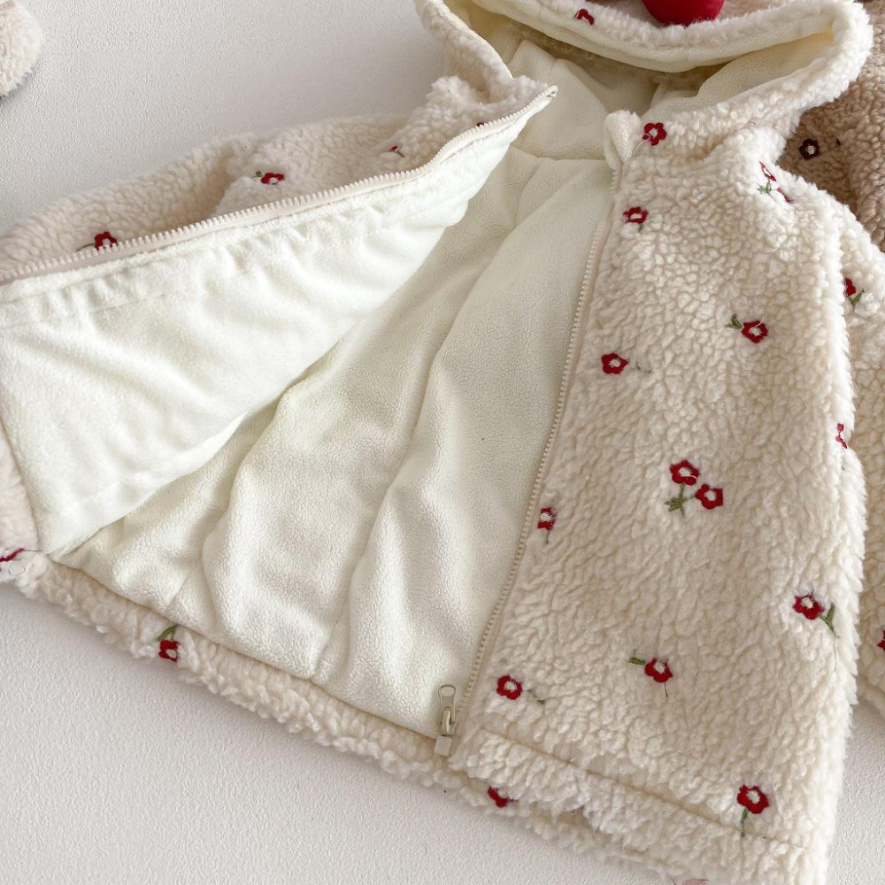 N019【預購】女童可愛蝴蝶結繡花毛毛外套 卡/米色 冬季保暖刷毛加厚外套 (73~120)-細節圖6