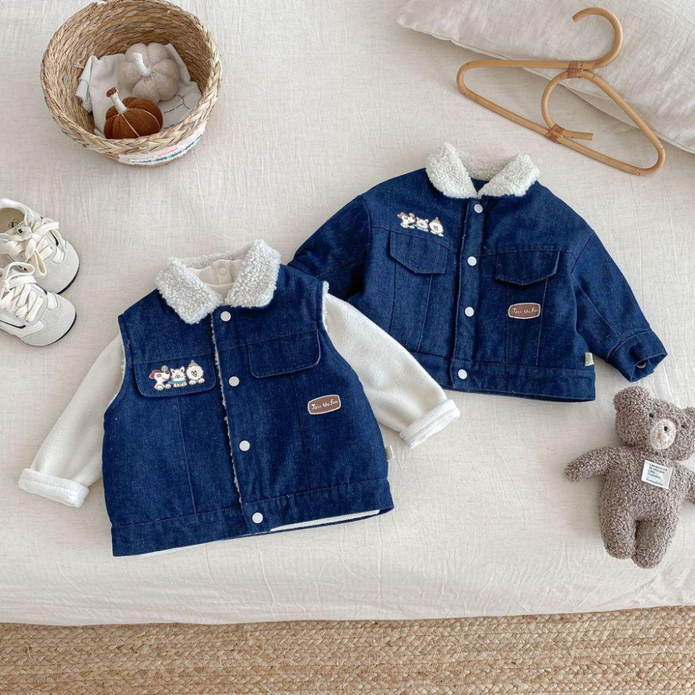 N027【預購】韓版兒童冬季刺繡圖案牛仔刷毛背心/外套2款 (73~120)-細節圖2