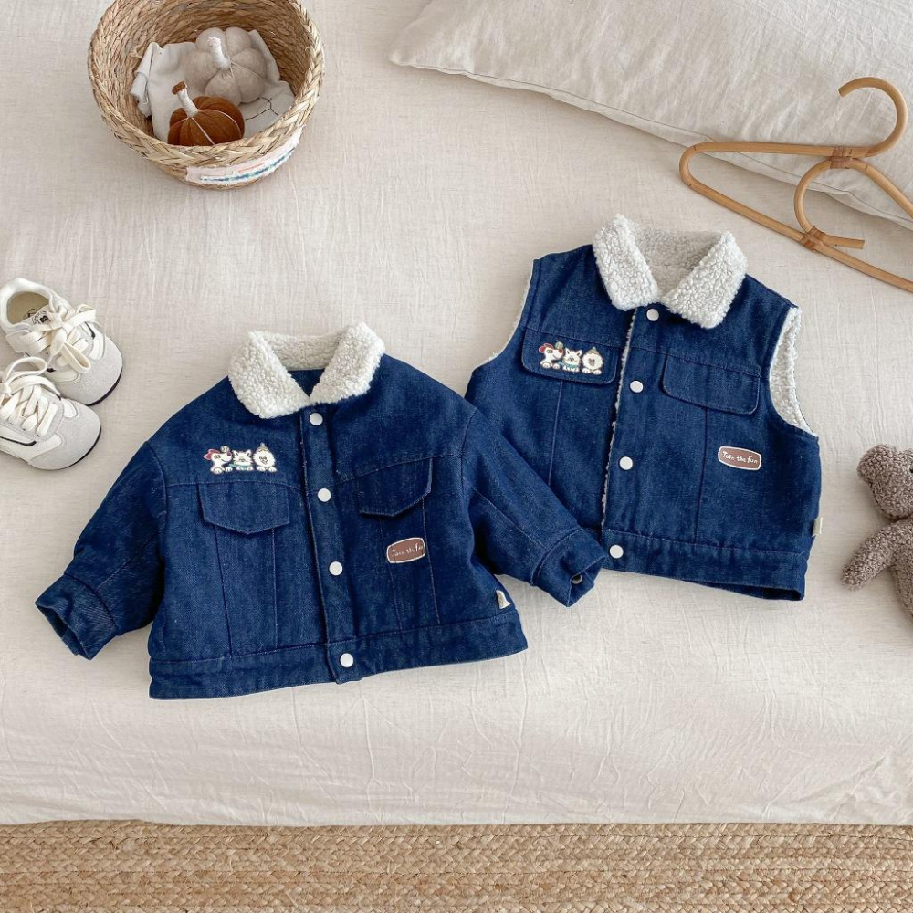 N027【預購】韓版兒童冬季刺繡圖案牛仔刷毛背心/外套2款 (73~120)-細節圖3