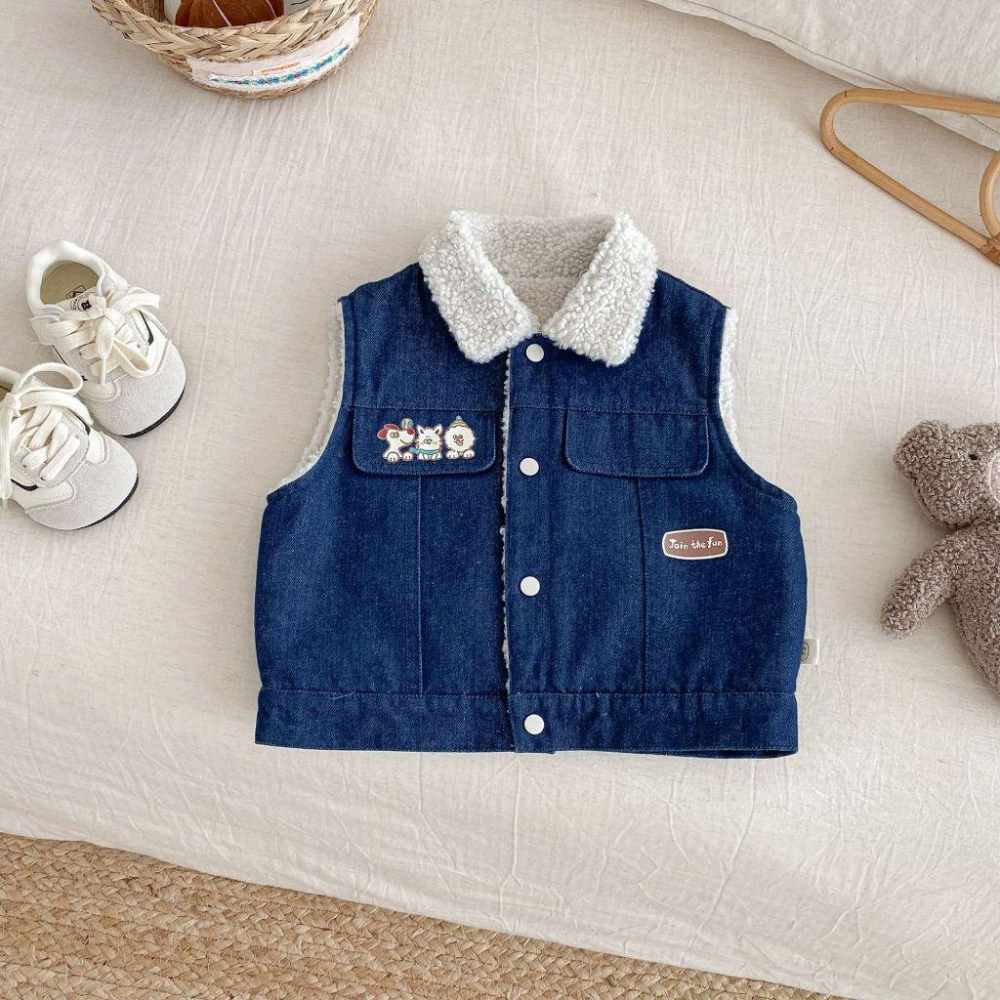 N027【預購】韓版兒童冬季刺繡圖案牛仔刷毛背心/外套2款 (73~120)-細節圖4