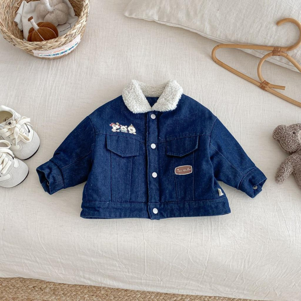 N027【預購】韓版兒童冬季刺繡圖案牛仔刷毛背心/外套2款 (73~120)-細節圖5