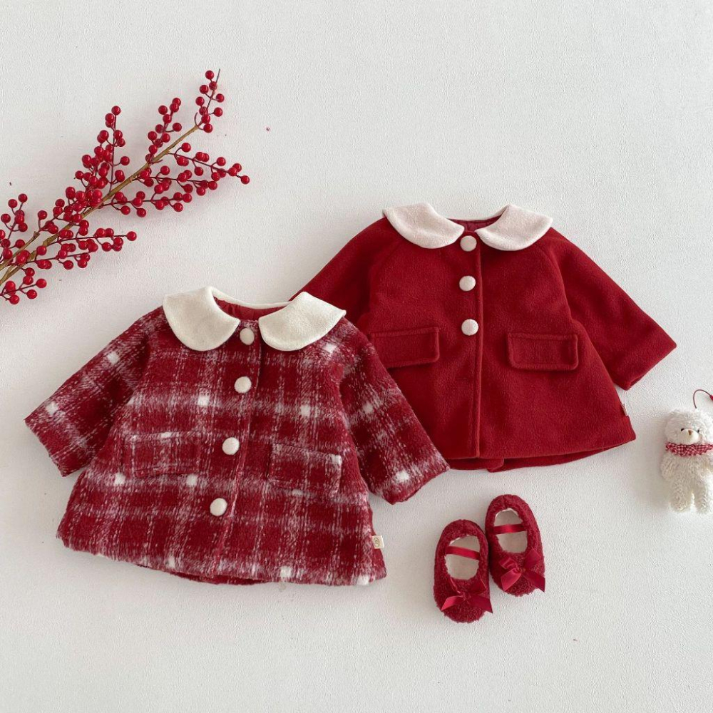 N012【預購】女童娃娃領夾棉洋裝外套 紅/格 拜年戰服新年新衣過年洋裝 (73~120)-細節圖2