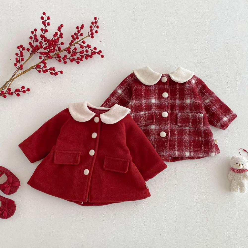 N012【預購】女童娃娃領夾棉洋裝外套 紅/格 拜年戰服新年新衣過年洋裝 (73~120)-細節圖3