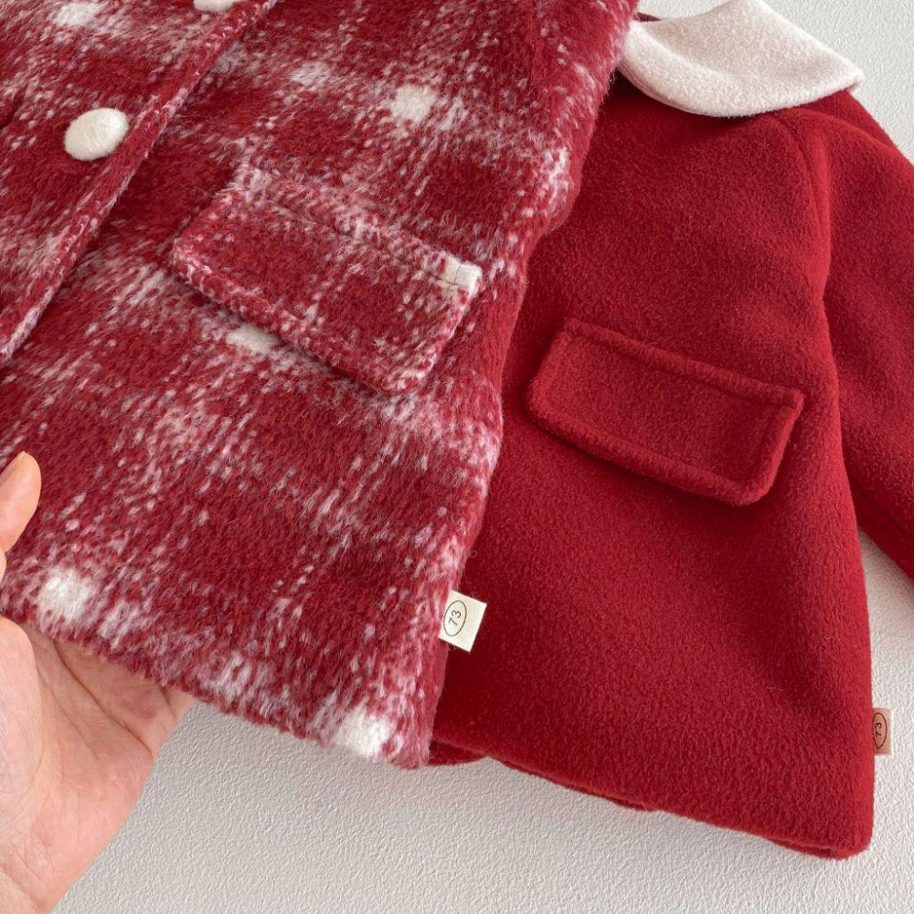 N012【預購】女童娃娃領夾棉洋裝外套 紅/格 拜年戰服新年新衣過年洋裝 (73~120)-細節圖7