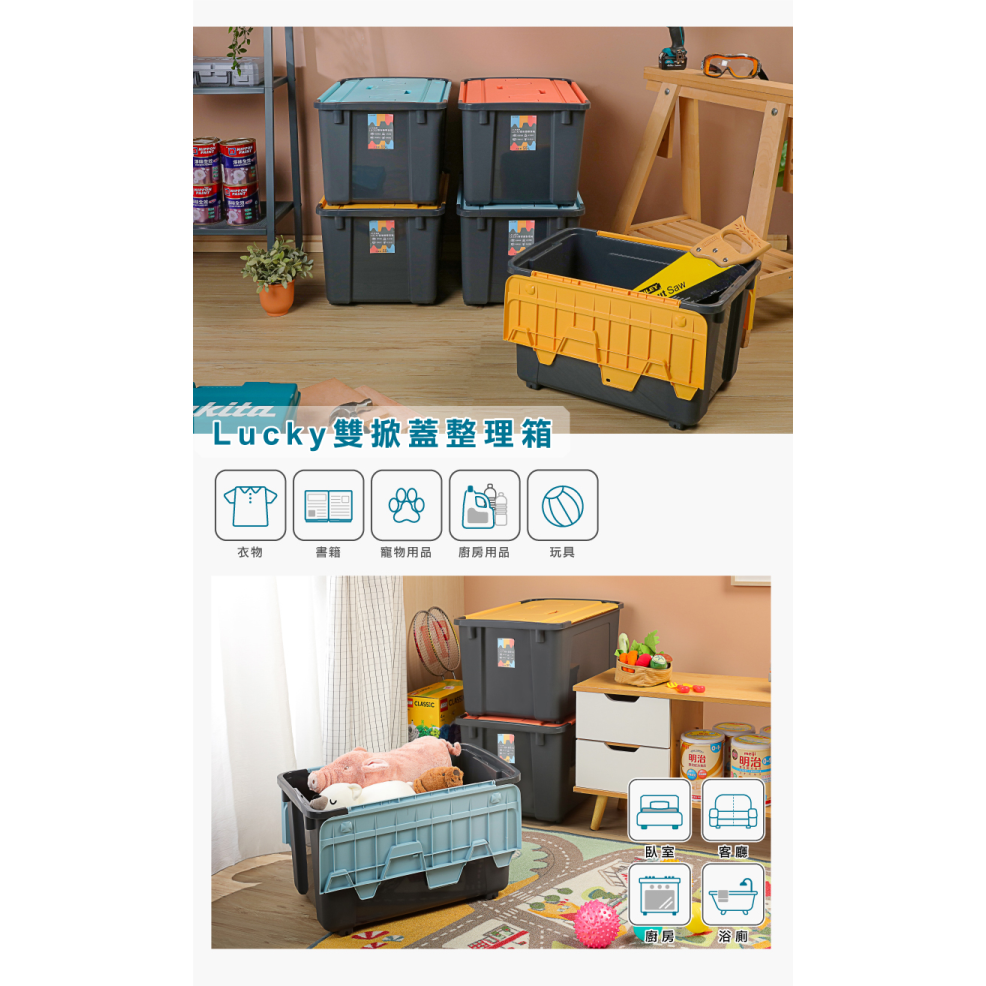 KEYWAY聯府 Lucky雙掀蓋整理箱55L LX551 LX552 LX553 物流箱 收納箱-細節圖2