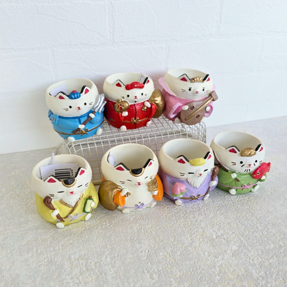 貓魚手作|7入組合 七福神貓咪造型花盆 惠比壽 大黑天 布袋尊 日本花器 迷你花盆 多肉盆栽 Greenhouse-細節圖3