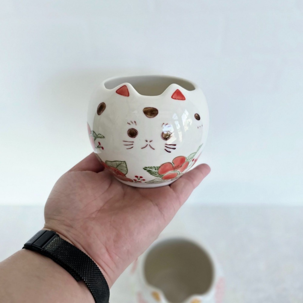 貓魚手作|花貓圓盆 紅色 柔嫩色 瓷盆 貓造型花盆 日本花器 瓷器 花盆 多肉盆栽 Greenhouse-細節圖4