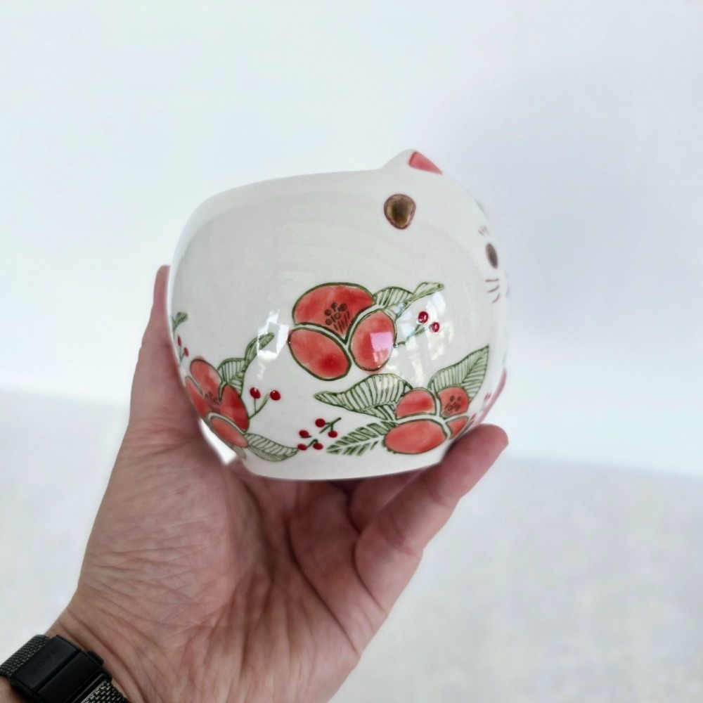 貓魚手作|花貓圓盆 紅色 柔嫩色 瓷盆 貓造型花盆 日本花器 瓷器 花盆 多肉盆栽 Greenhouse-細節圖5