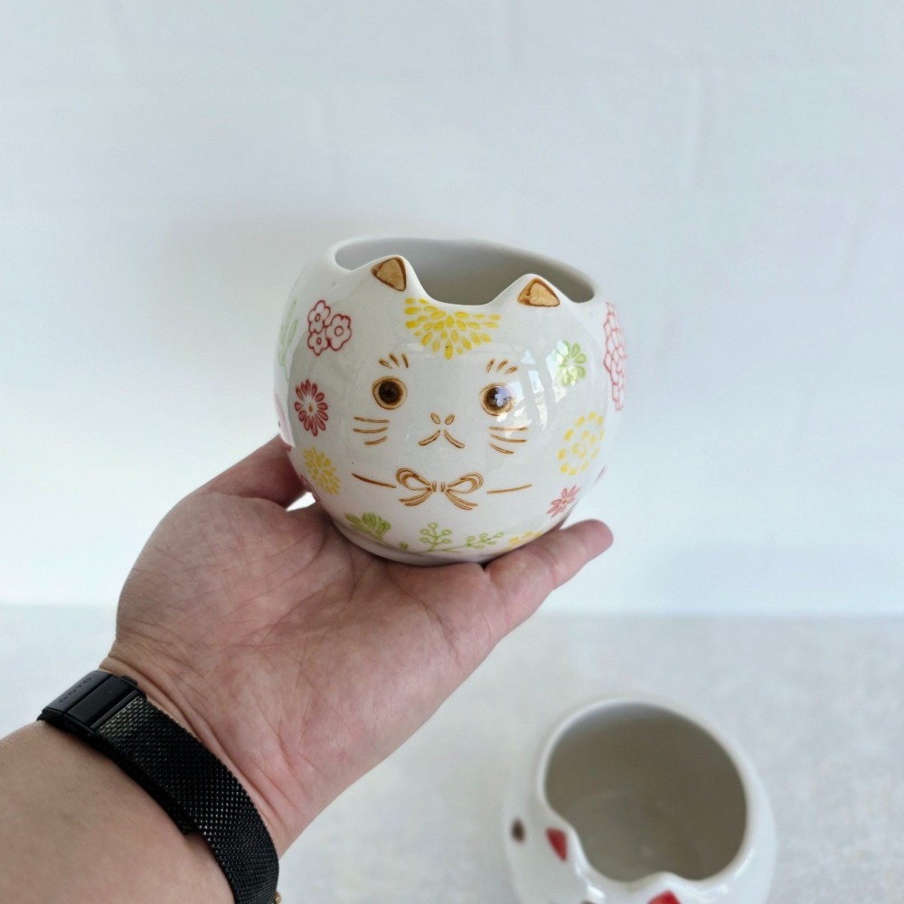 貓魚手作|花貓圓盆 紅色 柔嫩色 瓷盆 貓造型花盆 日本花器 瓷器 花盆 多肉盆栽 Greenhouse-細節圖6
