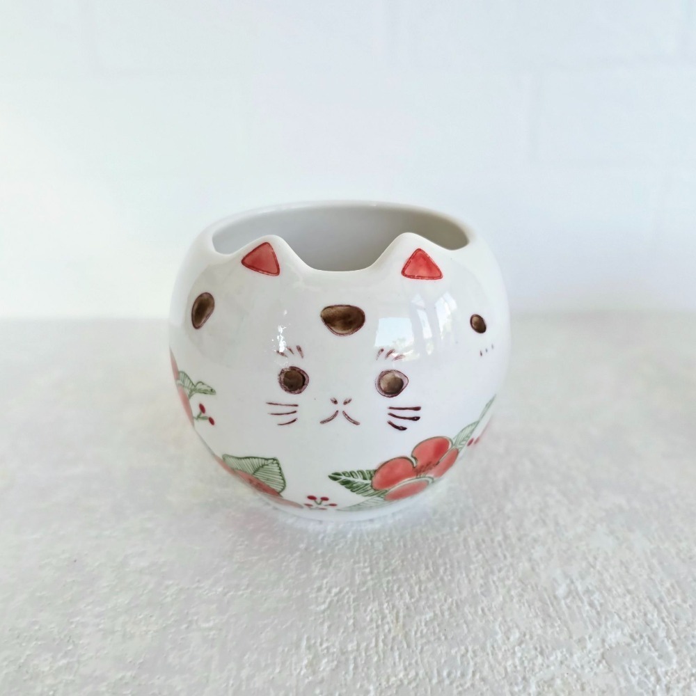貓魚手作|花貓圓盆 紅色 柔嫩色 瓷盆 貓造型花盆 日本花器 瓷器 花盆 多肉盆栽 Greenhouse-規格圖1