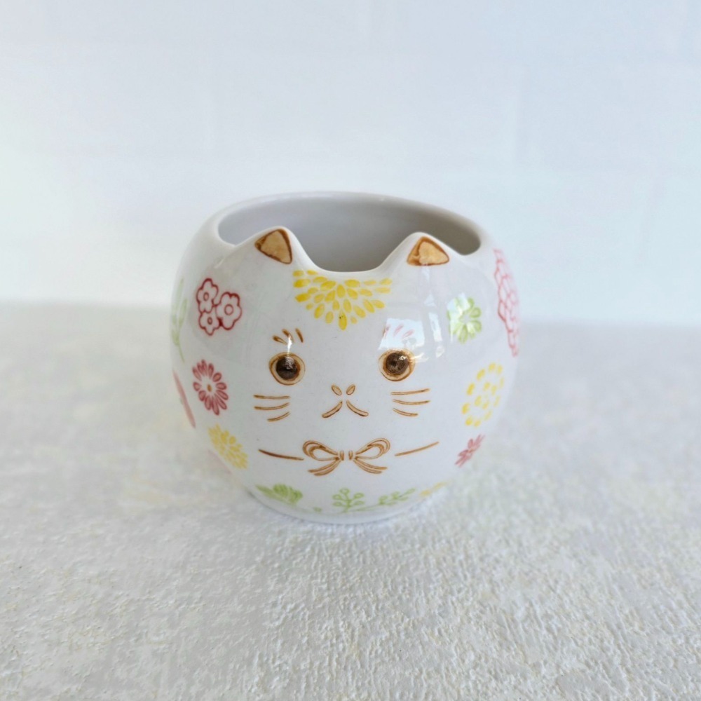 貓魚手作|花貓圓盆 紅色 柔嫩色 瓷盆 貓造型花盆 日本花器 瓷器 花盆 多肉盆栽 Greenhouse-規格圖2