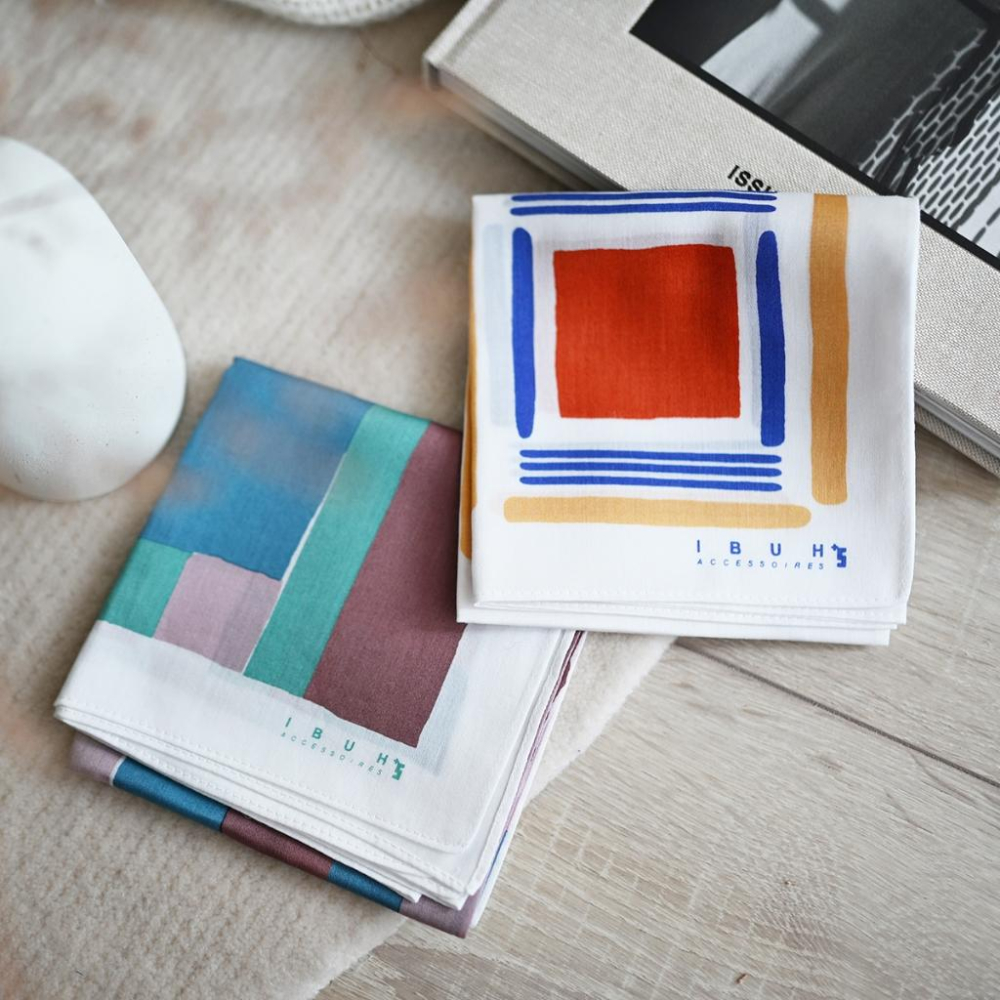 丸丸選品日本帶回日本製手帕IBUH純棉幾何設計圖抽象領巾-細節圖2