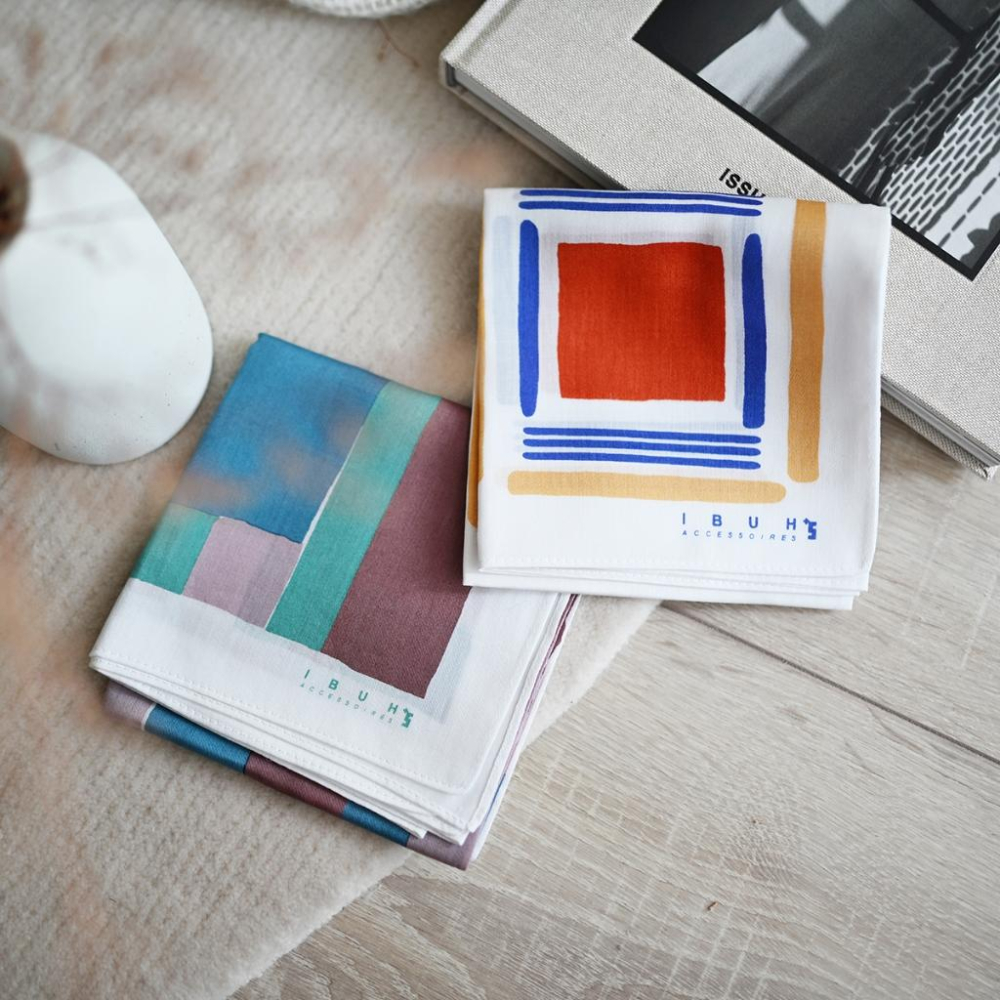 丸丸選品日本帶回日本製手帕IBUH純棉幾何設計圖抽象領巾-細節圖3