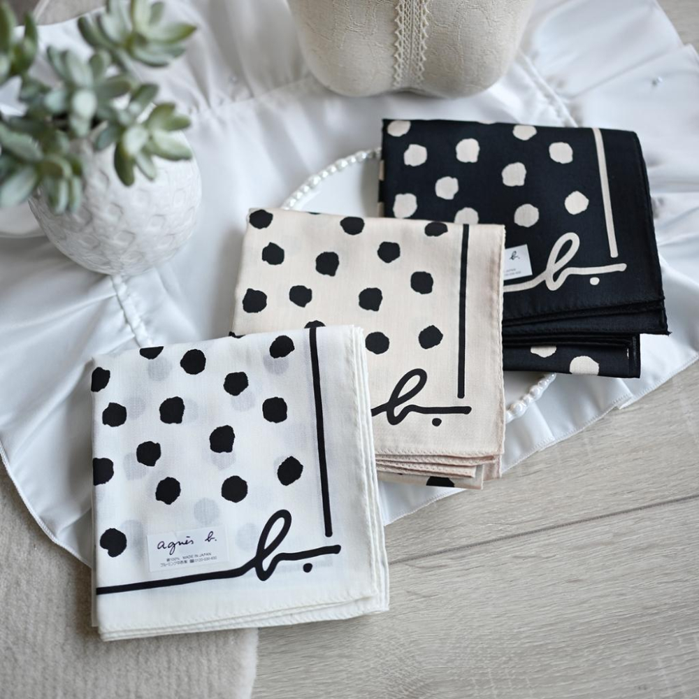 丸丸選品經典點點agnes b日本製手帕 領巾白色點點 黑色經典 奶茶穿搭送禮交換禮物-細節圖3