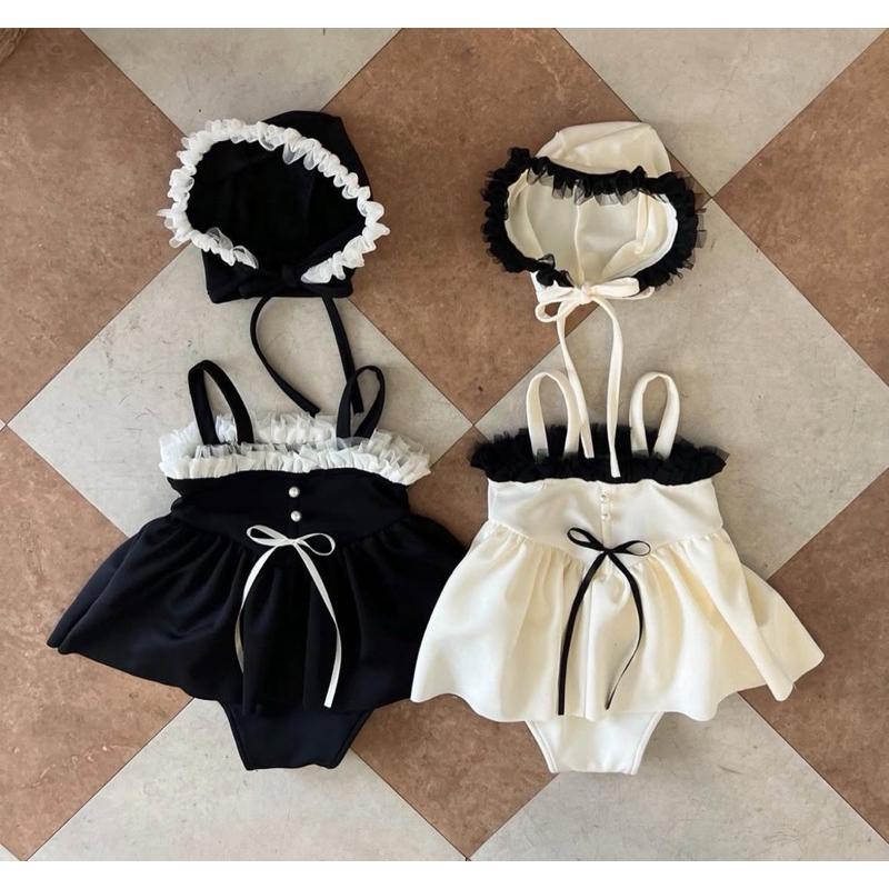 夏天海邊玩水女娃轉賣bunnytail女孩兒童韓國購入超可愛泳裝115公分米白色 105公分黑色-細節圖3