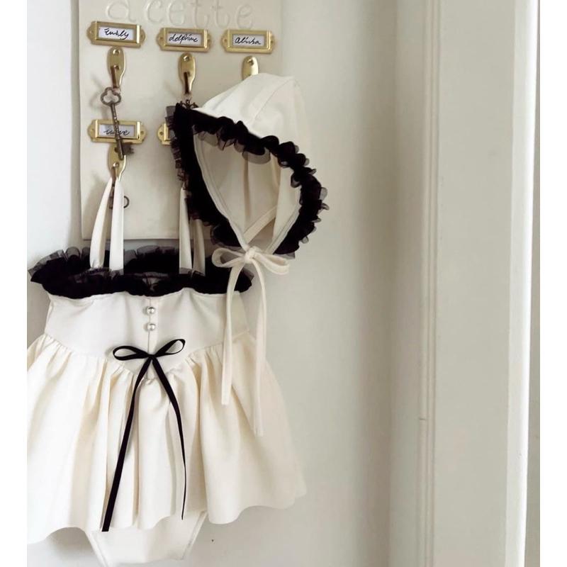 夏天海邊玩水女娃轉賣bunnytail女孩兒童韓國購入超可愛泳裝115公分米白色 105公分黑色-細節圖4