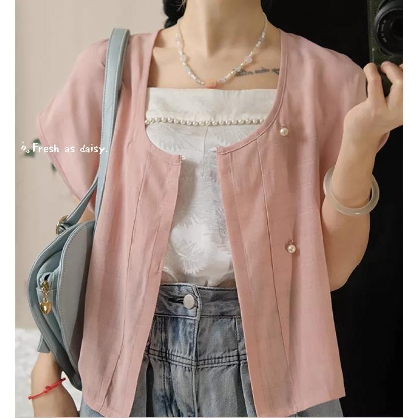 ｜春日醒｜夏日酥山🌼日常漢服改良式漢服對襟衫開衫外套唐褙子唐制通勤百搭素色秋冬短袖背心-細節圖5