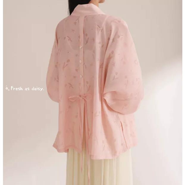 ｜春日醒｜花叢間🌼日常漢服改良式漢服印花後開叉飛機袖女春夏通勤百搭素色對襟短衫開衫外套-細節圖5