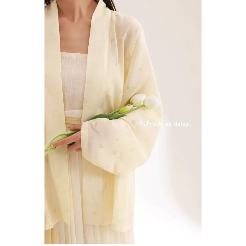 ｜春日醒｜花叢間🌼日常漢服改良式漢服印花後開叉飛機袖女春夏通勤百搭素色對襟短衫開衫外套-細節圖6