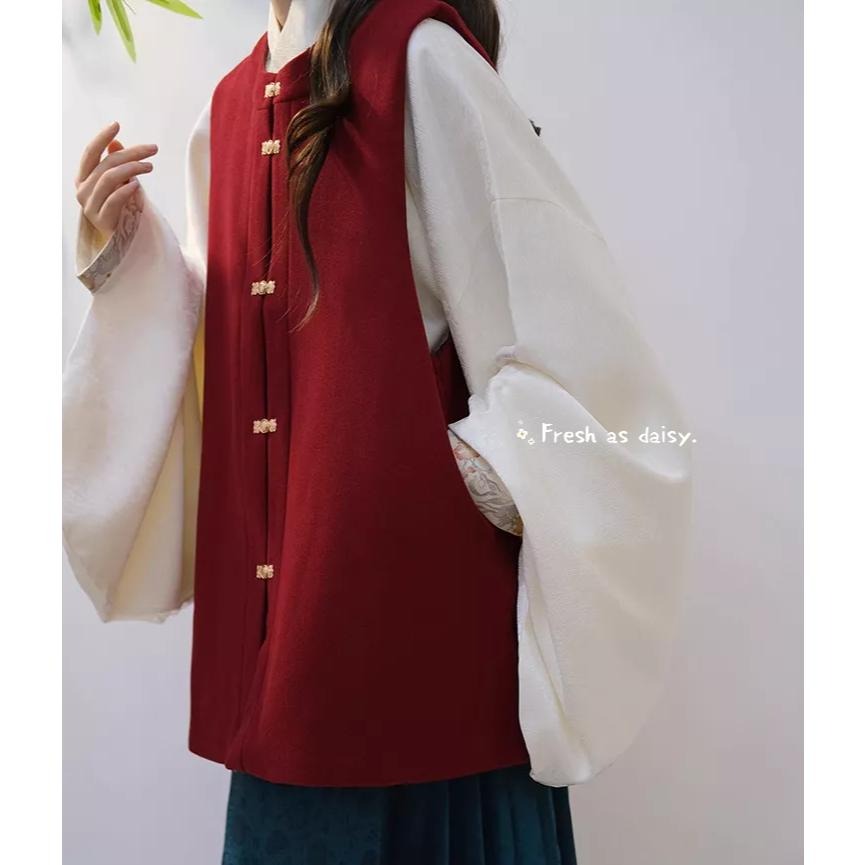｜春日醒｜秋日見蝶🌼新款中式預購秋冬明制對襟圓領背心比甲背心百搭毛呢口袋保暖-細節圖2