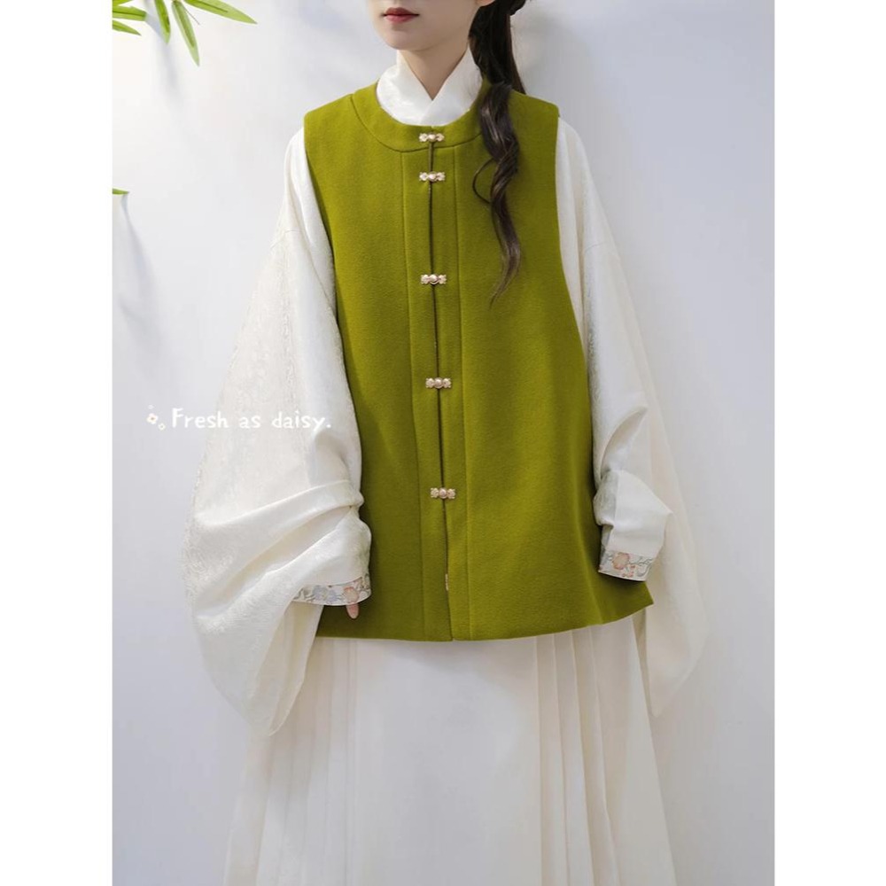 ｜春日醒｜秋日見蝶🌼新款中式預購秋冬明制對襟圓領背心比甲背心百搭毛呢口袋保暖-細節圖3