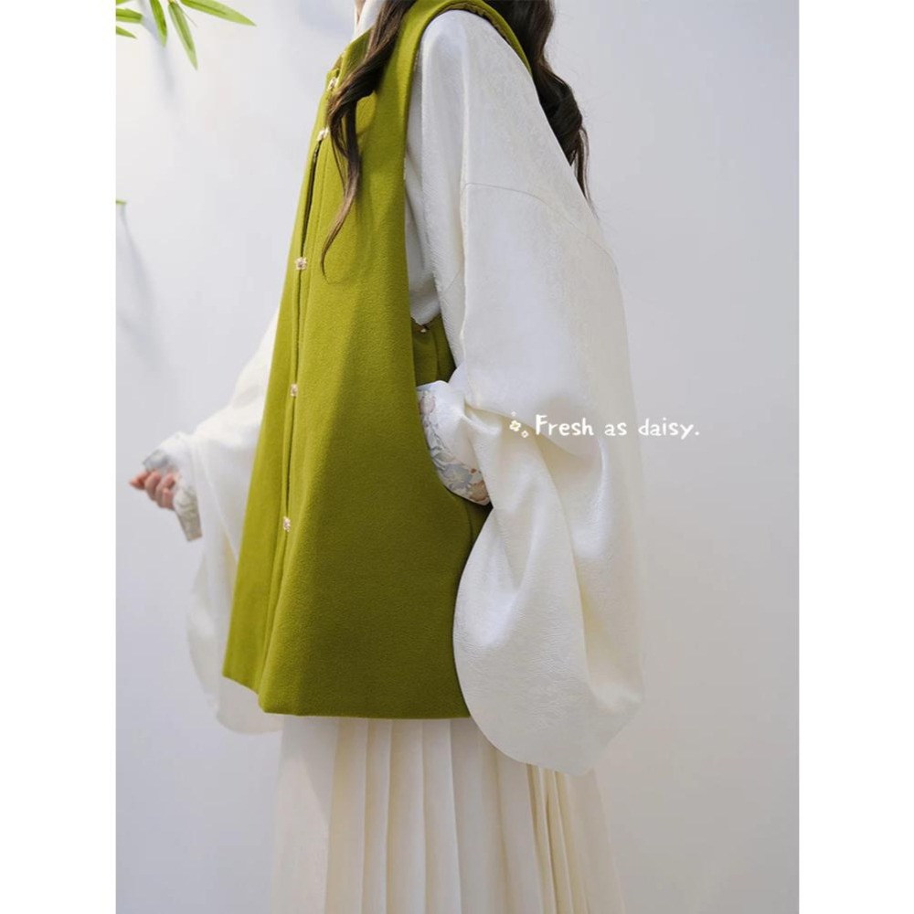 ｜春日醒｜秋日見蝶🌼新款中式預購秋冬明制對襟圓領背心比甲背心百搭毛呢口袋保暖-細節圖4