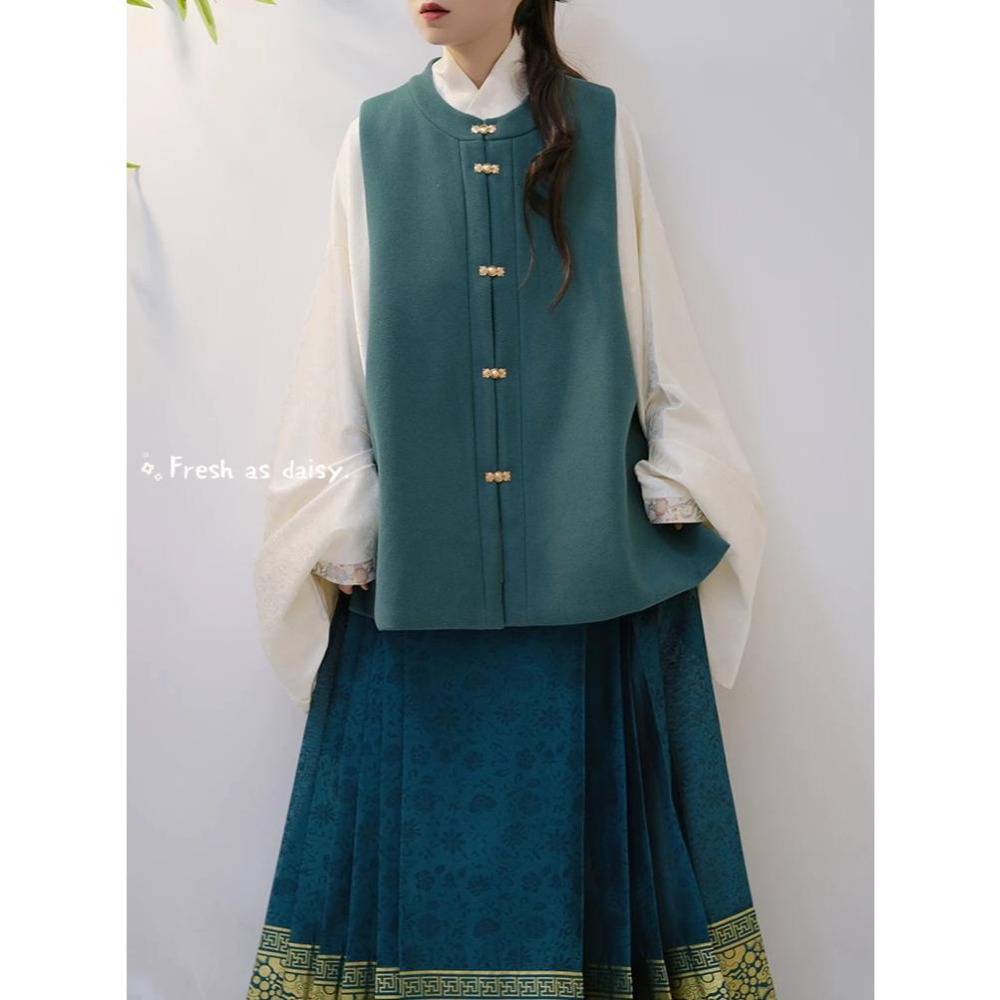 ｜春日醒｜秋日見蝶🌼新款中式預購秋冬明制對襟圓領背心比甲背心百搭毛呢口袋保暖-細節圖5