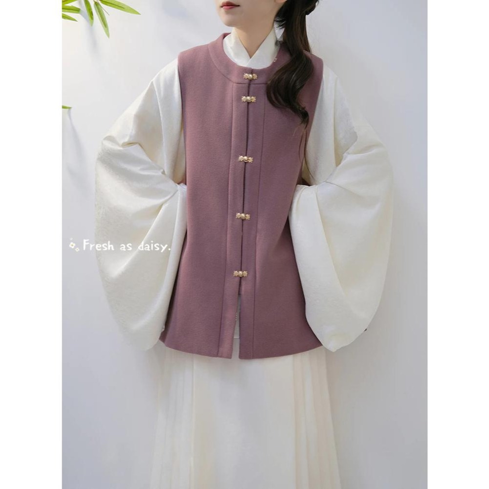 ｜春日醒｜秋日見蝶🌼新款中式預購秋冬明制對襟圓領背心比甲背心百搭毛呢口袋保暖-細節圖7