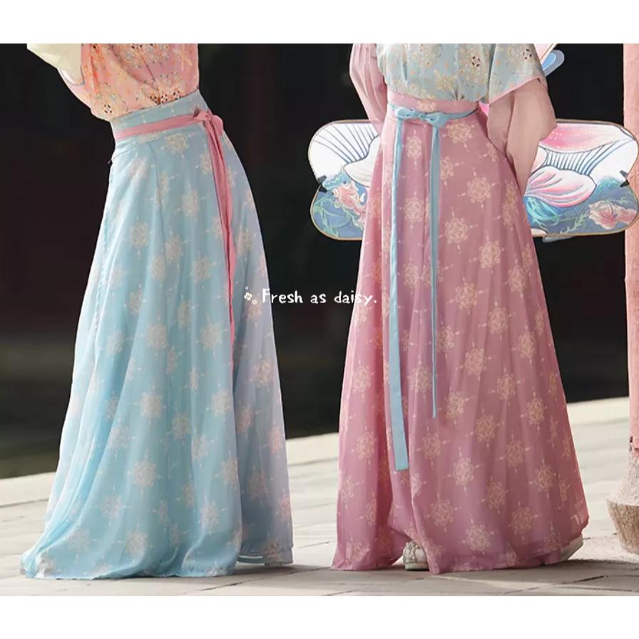 ｜春日醒｜花瓣雨🌼日常漢服春夏中式漢服少女唐制漢服齊腰一片式綁帶印花八破裙-細節圖4