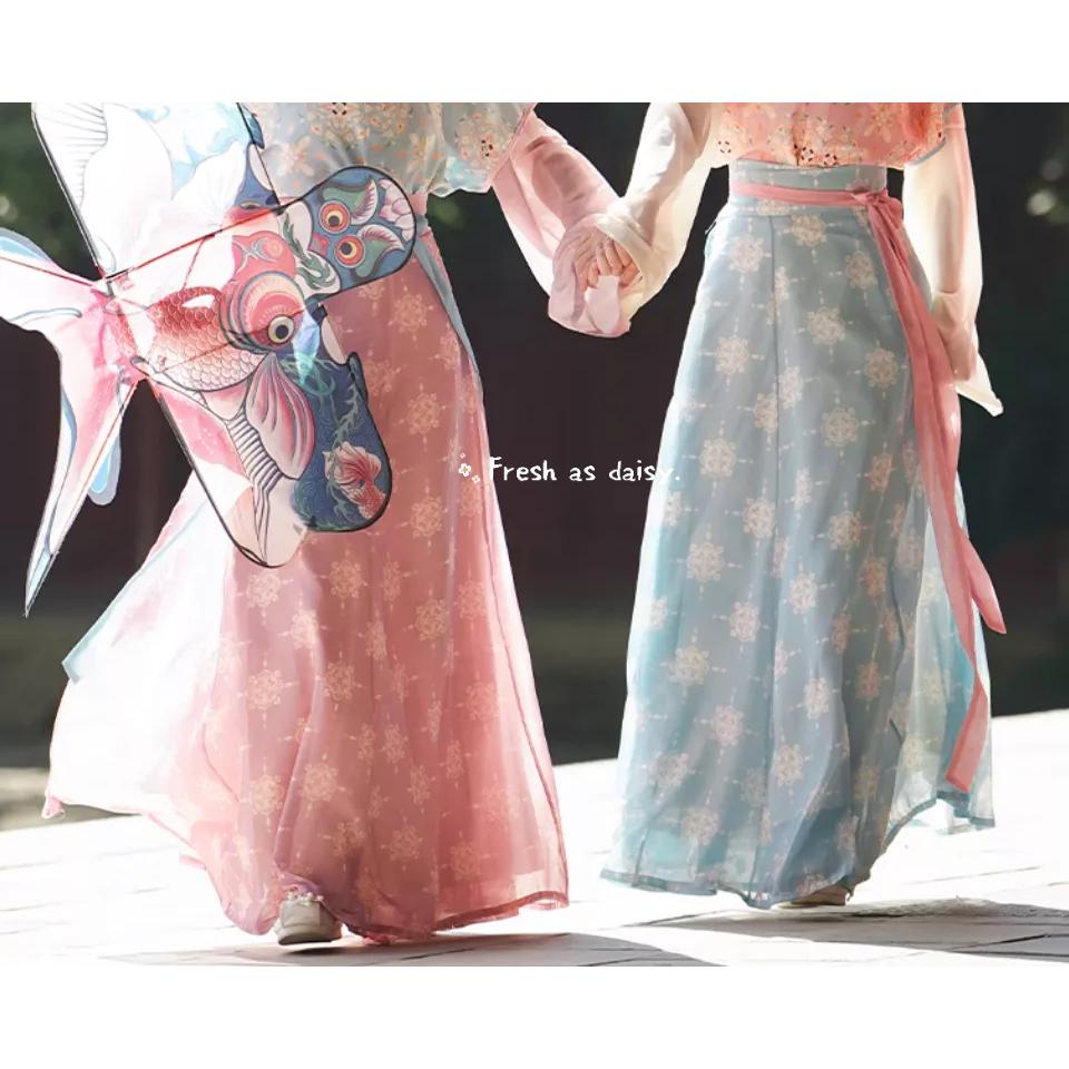 ｜春日醒｜花瓣雨🌼日常漢服春夏中式漢服少女唐制漢服齊腰一片式綁帶印花八破裙-細節圖6