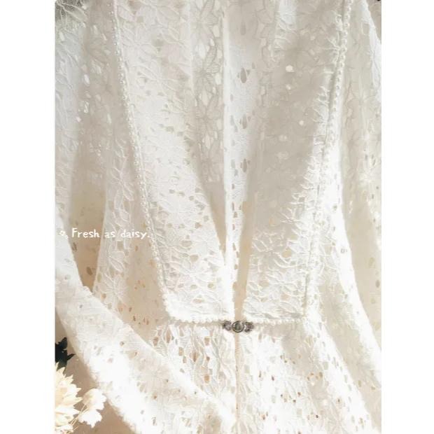 l春日醒 l窗花剪紙🌼預購日常改良漢服明制珍珠半袖蕾絲衫開叉女春夏對襟短衫開衫外套-細節圖4