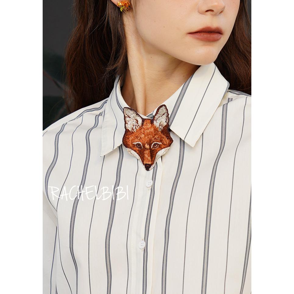 ｜春日醒｜油畫狐狸💫新款原創手繪狐狸刺繡領結復古vintage襯衫西裝特色古著造型童趣-細節圖3