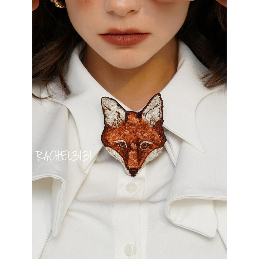｜春日醒｜油畫狐狸💫新款原創手繪狐狸刺繡領結復古vintage襯衫西裝特色古著造型童趣-細節圖5