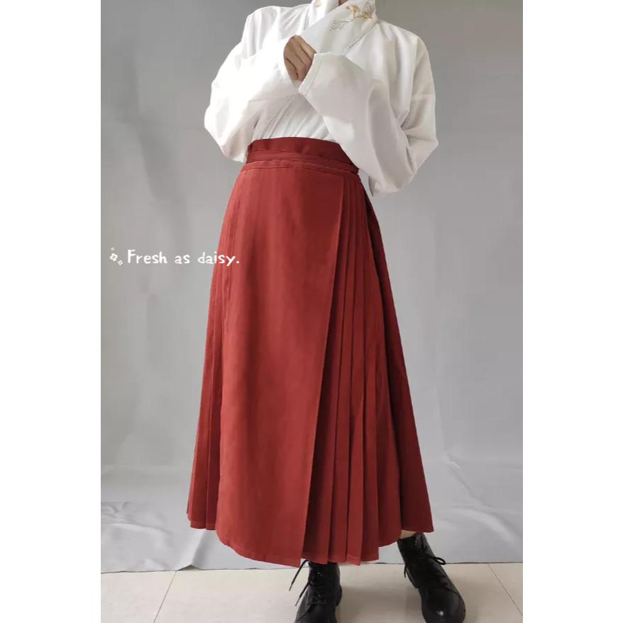 ｜春日醒｜明日春雪🌼新款中式預購秋冬少女文藝溫柔清新甜美長款純色改良馬面裙文青漢服半身裙-細節圖2