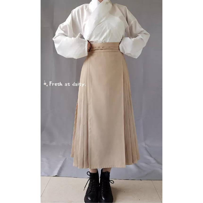 ｜春日醒｜明日春雪🌼新款中式預購秋冬少女文藝溫柔清新甜美長款純色改良馬面裙文青漢服半身裙-細節圖4