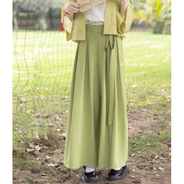 ｜春日醒｜渡夏🌼新款中式預購春夏闊腿褲寬褲宋褲通勤休閒百搭鬆緊腰素色改良文青漢服-細節圖3