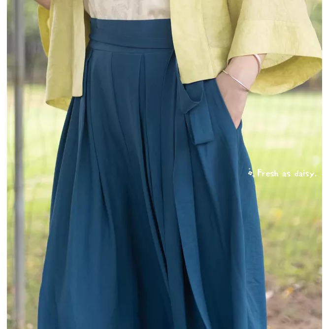 ｜春日醒｜渡夏🌼新款中式預購春夏闊腿褲寬褲宋褲通勤休閒百搭鬆緊腰素色改良文青漢服-細節圖4
