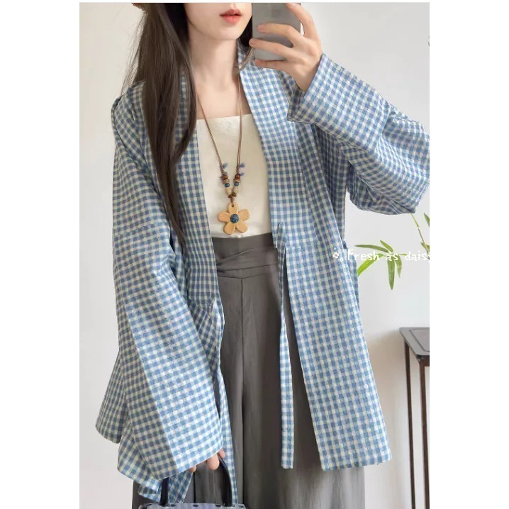 ｜春日醒｜方寸之間🌼日常漢服改良式漢服明制交領橫臥領長袖防曬外套格紋日常通勤春夏-細節圖3