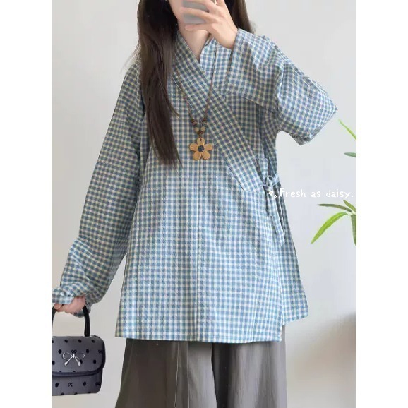 ｜春日醒｜方寸之間🌼日常漢服改良式漢服明制交領橫臥領長袖防曬外套格紋日常通勤春夏-細節圖4