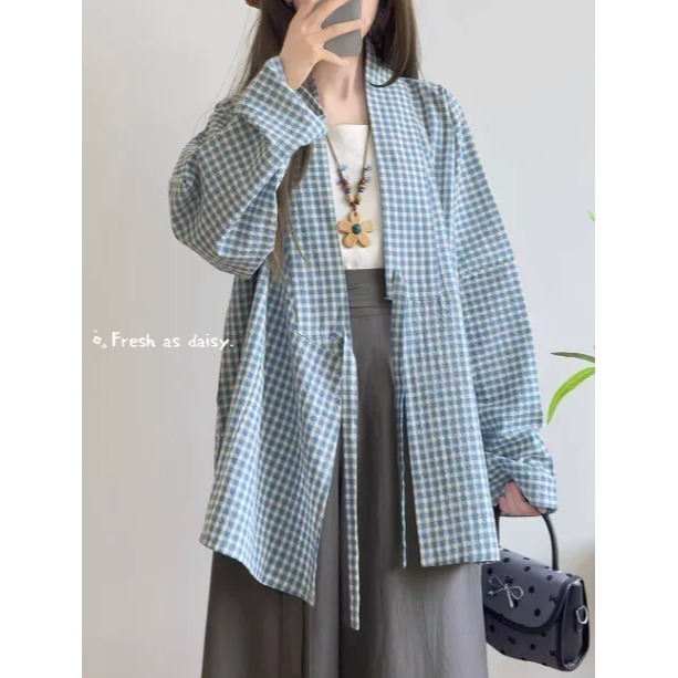 ｜春日醒｜方寸之間🌼日常漢服改良式漢服明制交領橫臥領長袖防曬外套格紋日常通勤春夏-細節圖5