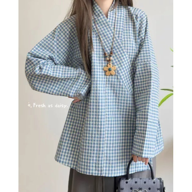 ｜春日醒｜方寸之間🌼日常漢服改良式漢服明制交領橫臥領長袖防曬外套格紋日常通勤春夏-細節圖6