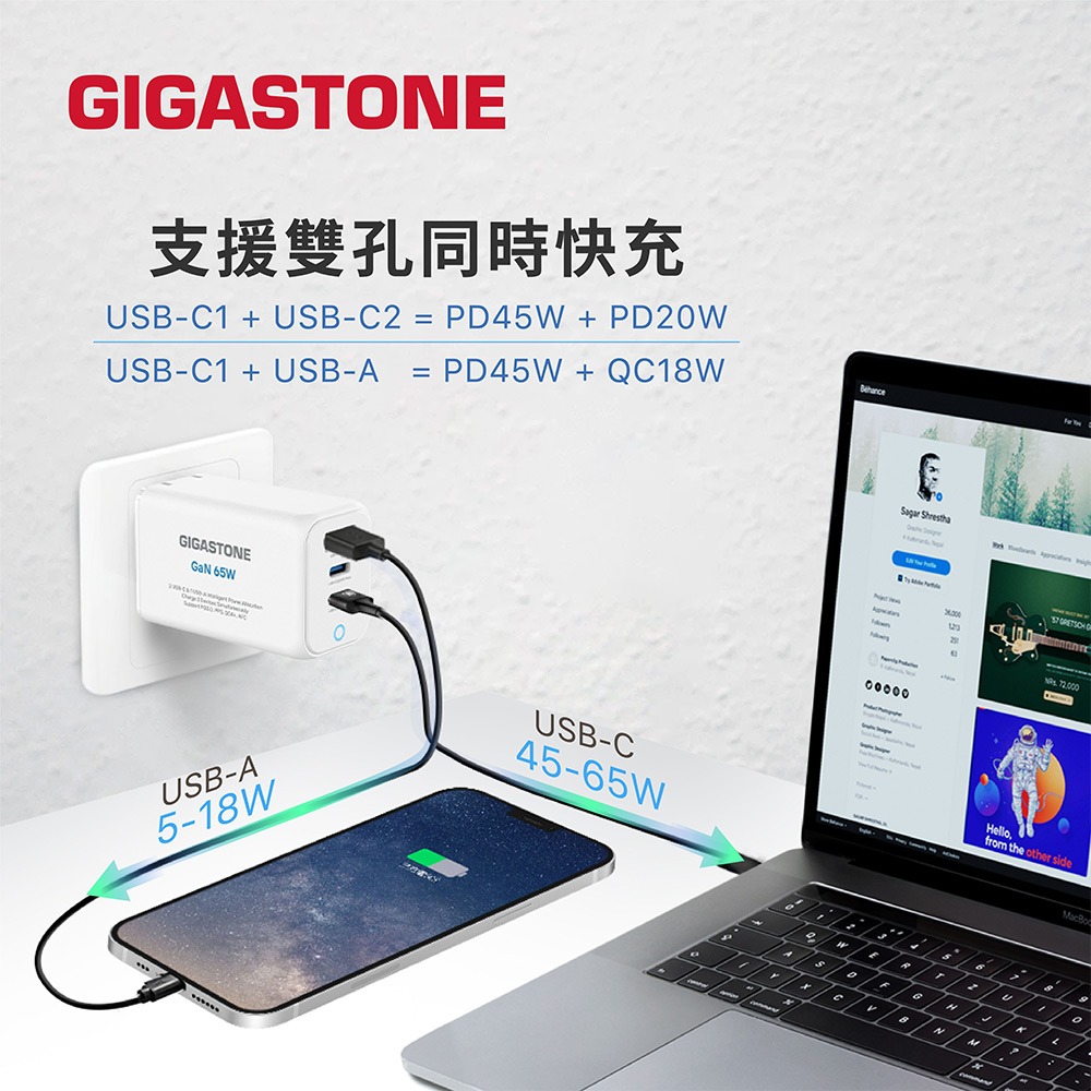 【Gigastone】65W PD+QC 氮化鎵GaN 三孔快速充電器(PD-7657)-細節圖5