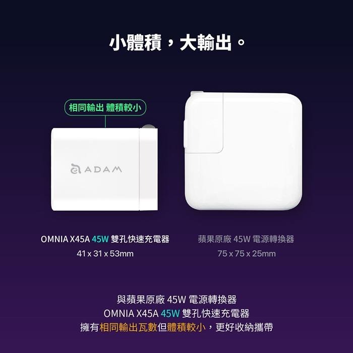 【亞果元素】OMNIA X45A GaN 45W PD/QC3.0雙孔迷你極速充電器-細節圖8