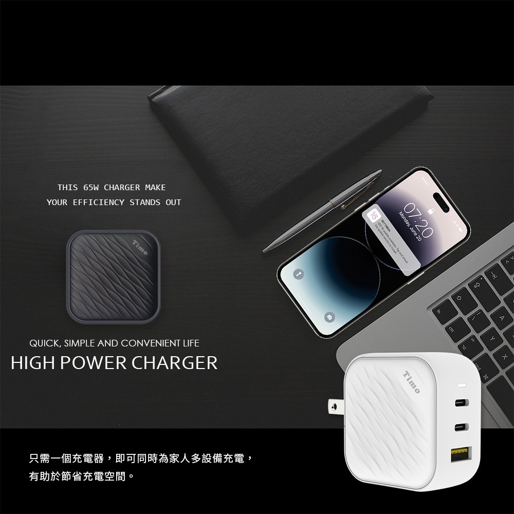 【Timo】浪紋造型 65W GaN氮化鎵 三孔快速充電器/充電頭/快充頭(1A+2C)-細節圖6