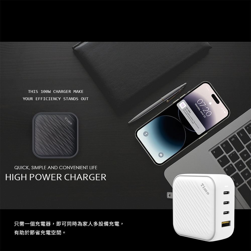 【Timo】浪紋造型 100W GaN氮化鎵 四孔快速充電器/充電頭(1A+3C)(內附 C to C 充電線)-細節圖6