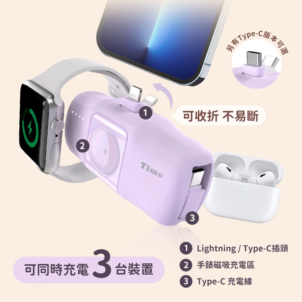 【Timo】蘋果派 三合一 自帶C線 口袋行動電源(Type-C接頭、Lightning接頭任選)-細節圖2